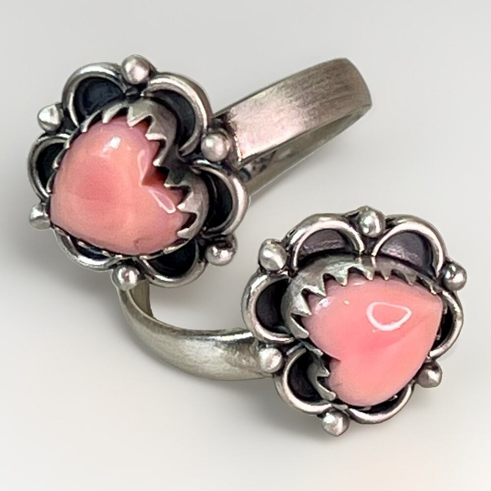 Pink Conch Shell Double Heart Sterling Silver Bypass Wrap Statement Ring SW